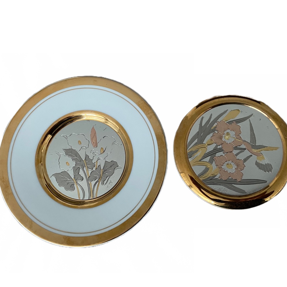The Art of Chokin 24KT Gold-Edged Trinket Box/Plate Hummingbird Set 3 Pcs